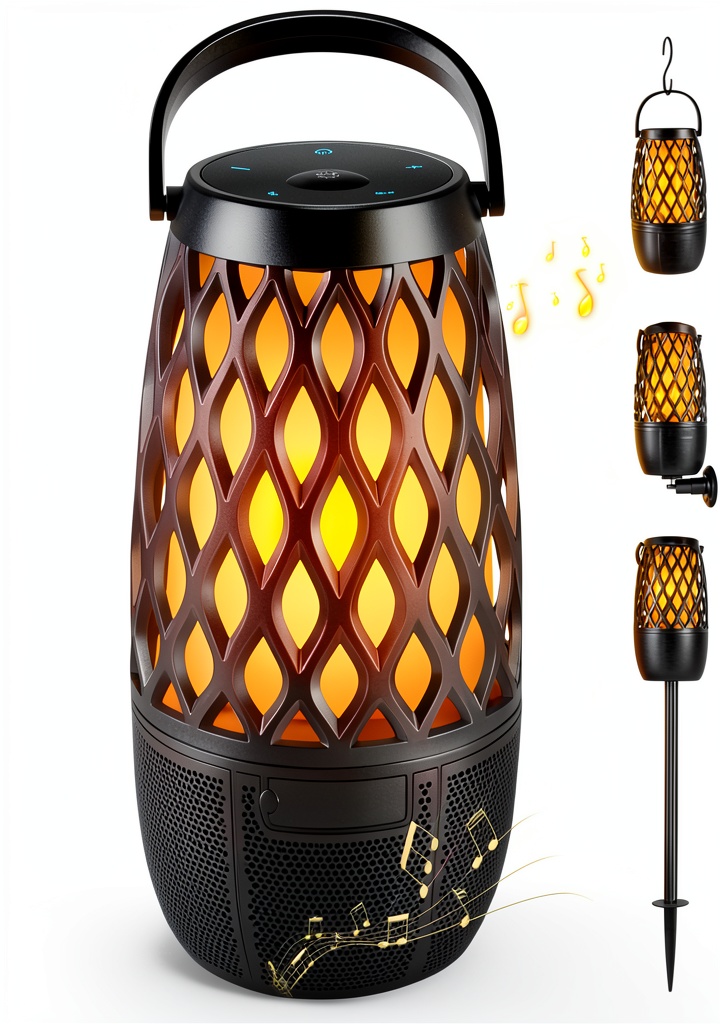 QUEQIMU L12 speaker mounted on a patio wall with LED flame lighting